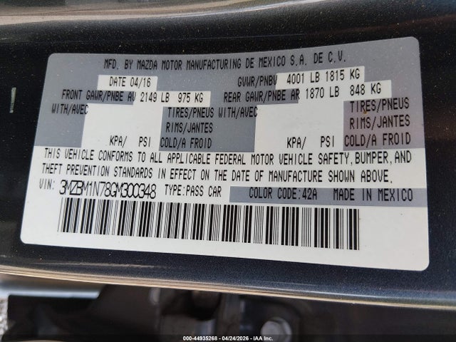 2016 Mazda Mazda3 I Grand Touring მანქანა იყიდება აუქციონზე, vin: 3MZBM1N78GM300348, აუქციონის ნომერი: 44935268
