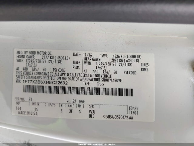 Продаж на аукціоні авто 2017 Ford F-250 Xl, vin: 1FT7X2B6XHEC22602, номер лоту: 44935271