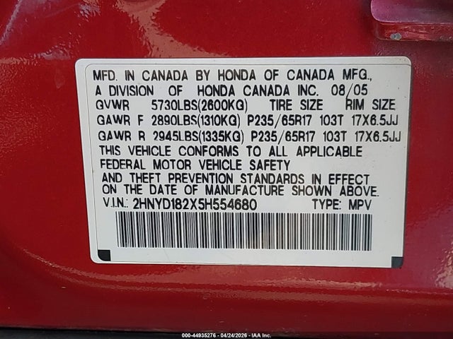Продаж на аукціоні авто 2005 Acura Mdx, vin: 2HNYD182X5H554680, номер лоту: 44935276