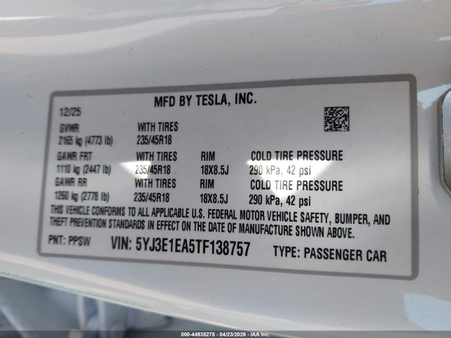 2026 Tesla Model 3 Premium Rear-wheel Drive/rear-wheel Drive მანქანა იყიდება აუქციონზე, vin: 5YJ3E1EA5TF138757, აუქციონის ნომერი: 44935278