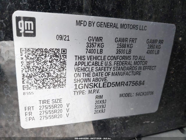 2021 Chevrolet Tahoe 4wd Commercial Fleet მანქანა იყიდება აუქციონზე, vin: 1GNSKLED5MR475684, აუქციონის ნომერი: 44935295