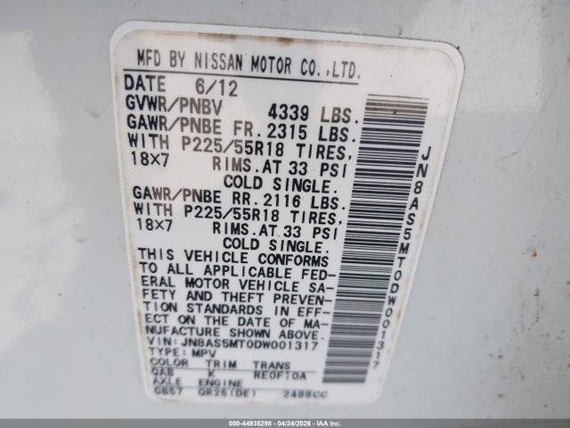 44935298 :رقم المزاد ، JN8AS5MT0DW001317 vin ، 2013 Nissan Rogue Sv W/sl Pkg مزاد بيع