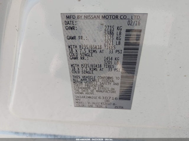 2016 Nissan Pathfinder Platinum/s/sl/sv მანქანა იყიდება აუქციონზე, vin: 5N1AR2MN2GC630716, აუქციონის ნომერი: 44935299