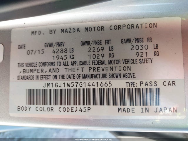 Aukcja sprzedaży 2016 Mazda Mazda6 I Grand Touring, vin: JM1GJ1W57G1441665, numer aukcji: 44935302