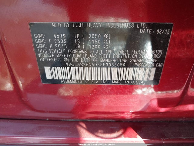 44935305 :رقم المزاد ، 4S3BNAD65F3055050 vin ، 2015 Subaru Legacy 2.5i Premium مزاد بيع