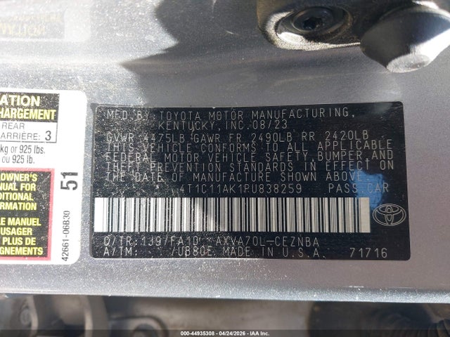 Aukcja sprzedaży 2023 Toyota Camry Le, vin: 4T1C11AK1PU838259, numer aukcji: 44935308