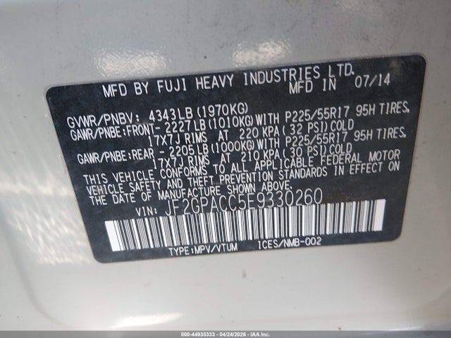Aukcja sprzedaży 2014 Subaru Xv Crosstrek 2.0i Premium, vin: JF2GPACC5E9330260, numer aukcji: 44935333