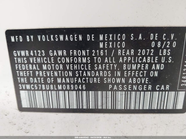 Aukcja sprzedaży 2020 Volkswagen Jetta 1.4t R-line/1.4t S/1.4t Se, vin: 3VWC57BU8LM089046, numer aukcji: 44935342