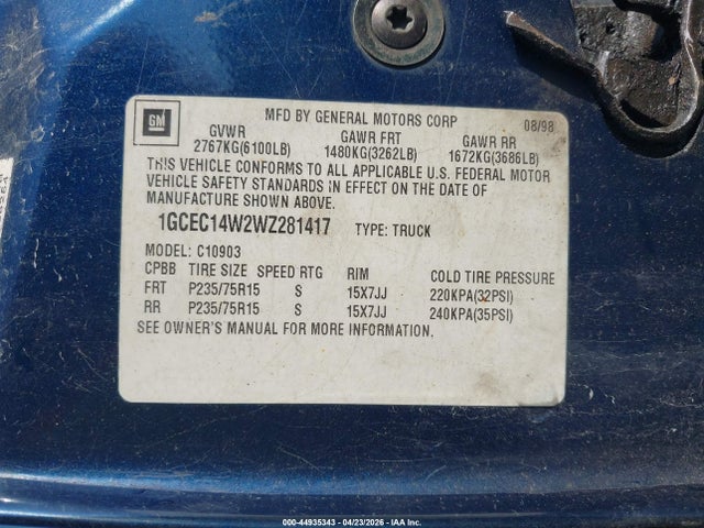 Auction sale of the 1998 Chevrolet C1500 Fleetside W/t, vin: 1GCEC14W2WZ281417, lot number: 44935343