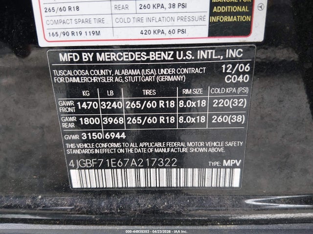 Продаж на аукціоні авто 2007 Mercedes-benz Gl 450 4matic, vin: 4JGBF71E67A217322, номер лоту: 44935353