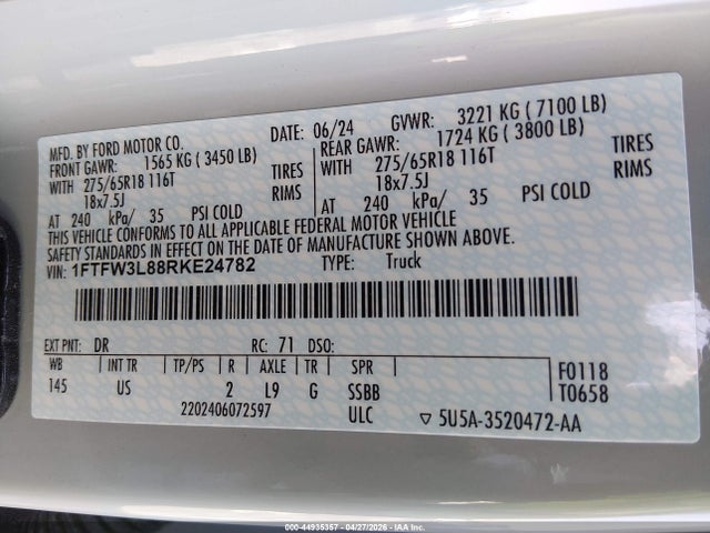2024 Ford F-150 Xlt მანქანა იყიდება აუქციონზე, vin: 1FTFW3L88RKE24782, აუქციონის ნომერი: 44935357