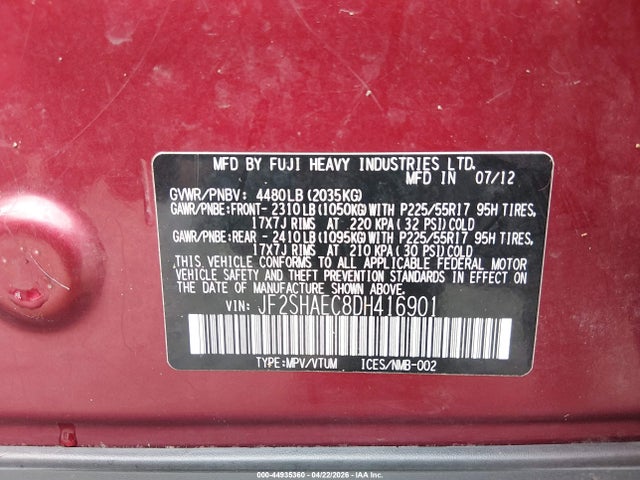 Aukcja sprzedaży 2013 Subaru Forester 2.5x Limited, vin: JF2SHAEC8DH416901, numer aukcji: 44935360