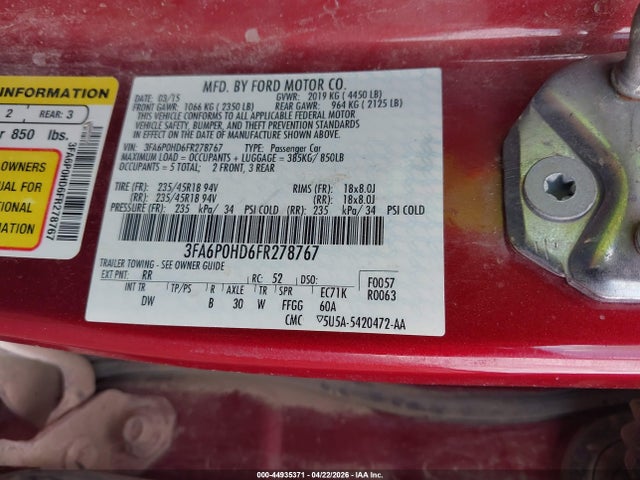 Auction sale of the 2015 Ford Fusion Se, vin: 3FA6P0HD6FR278767, lot number: 44935371