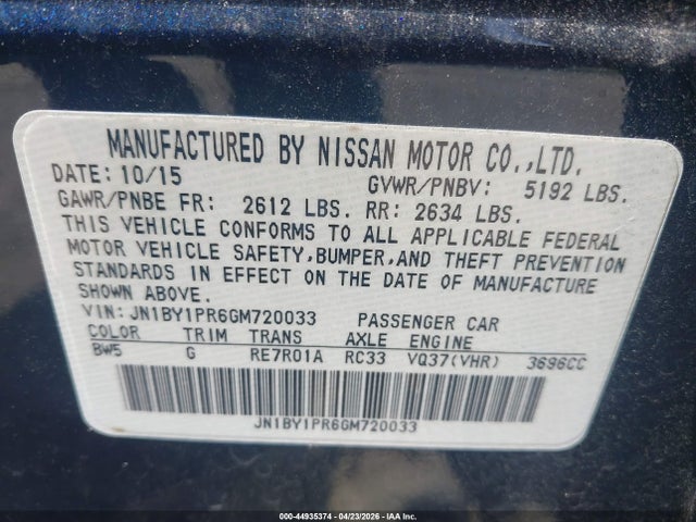 44935374 :رقم المزاد ، JN1BY1PR6GM720033 vin ، 2016 Infiniti Q70l 3.7x مزاد بيع