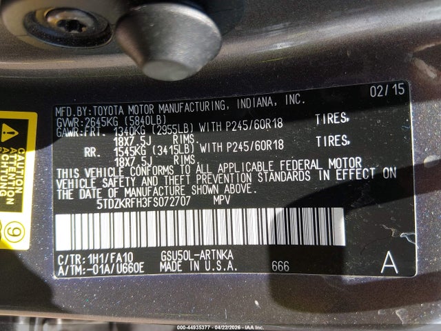 Toyota Highlander 2015 5TDZKRFH3FS072707 Image 9