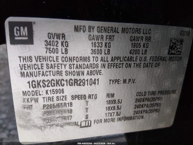 Продаж на аукціоні авто 2016 Gmc Yukon Xl Slt, vin: 1GKS2GKC1GR291041, номер лоту: 44935384