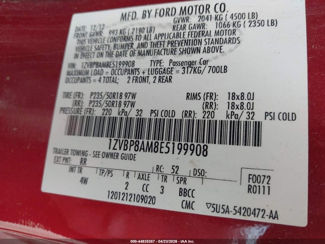 44935387 :رقم المزاد ، 1ZVBP8AM8E5199908 vin ، 2014 Ford Mustang V6 Premium مزاد بيع