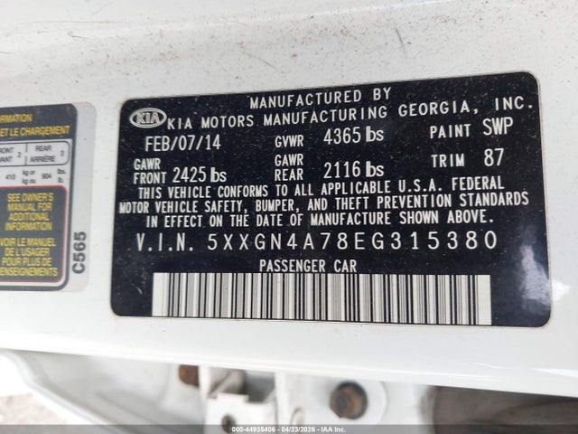 44935406 :رقم المزاد ، 5XXGN4A78EG315380 vin ، 2014 Kia Optima Ex مزاد بيع