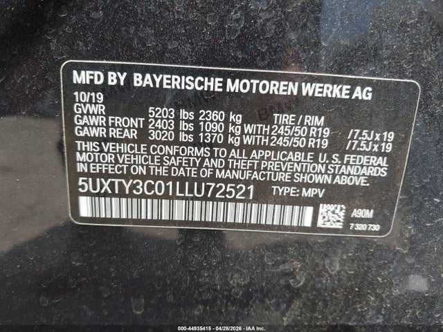 2020 Bmw X3 Sdrive30i მანქანა იყიდება აუქციონზე, vin: 5UXTY3C01LLU72521, აუქციონის ნომერი: 44935415