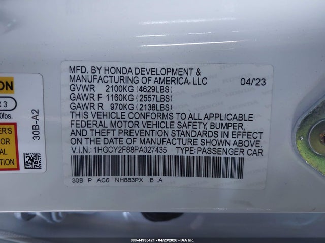 Aukcja sprzedaży 2023 Honda Accord Hybrid Touring, vin: 1HGCY2F88PA027435, numer aukcji: 44935421