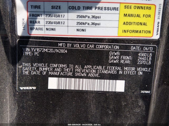 2013 Volvo C70 T5 მანქანა იყიდება აუქციონზე, vin: YV1672MC2DJ142804, აუქციონის ნომერი: 44935426
