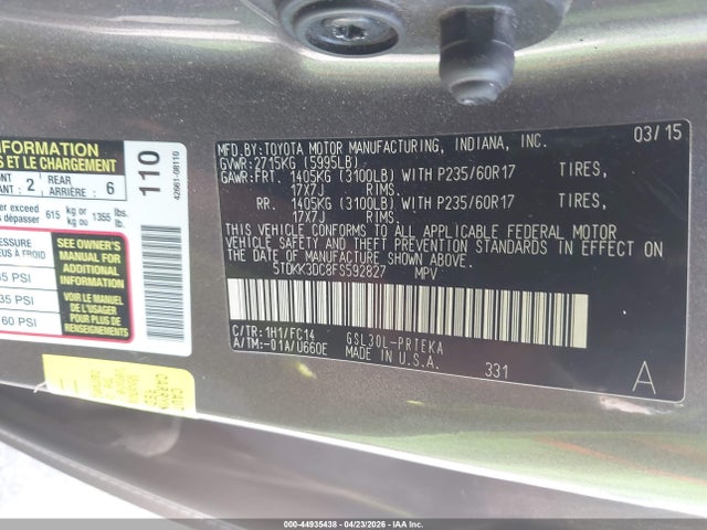 5TDKK3DC8FS592827 Toyota Sienna Le 8 Passenger