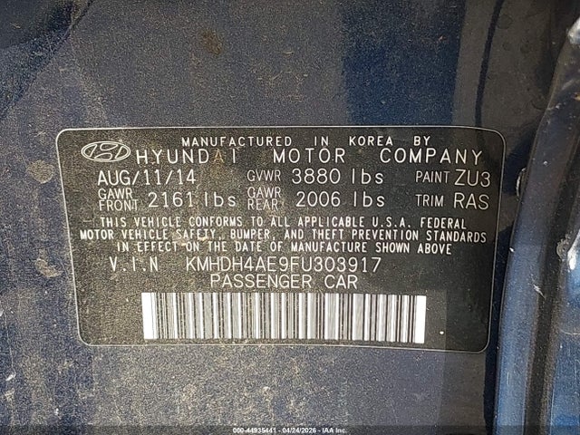 44935441 :رقم المزاد ، KMHDH4AE9FU303917 vin ، 2015 Hyundai Elantra Se مزاد بيع