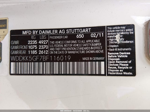 44935445 :رقم المزاد ، WDDKK5GF7BF116019 vin ، 2011 Mercedes-benz E 350 مزاد بيع