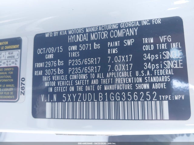 5XYZUDLB1GG356252 Hyundai Santa Fe Sport 2.4l