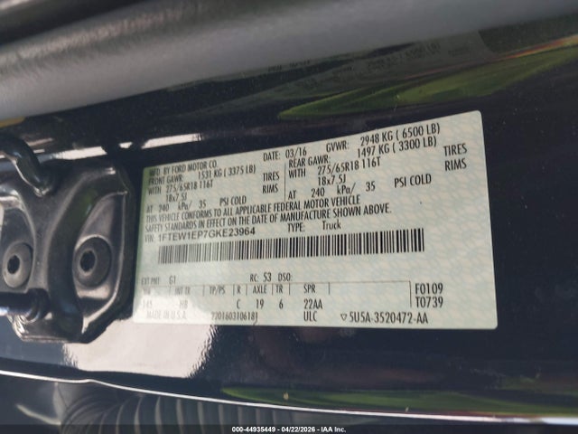 Aukcja sprzedaży 2016 Ford F-150 Lariat, vin: 1FTEW1EP7GKE23964, numer aukcji: 44935449