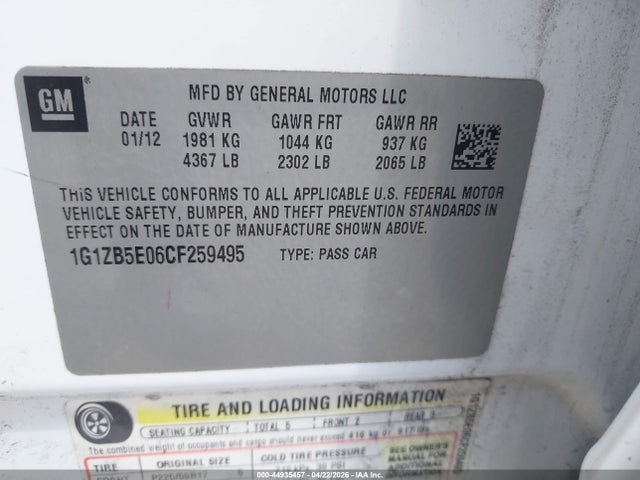 Продаж на аукціоні авто 2012 Chevrolet Malibu Ls, vin: 1G1ZB5E06CF259495, номер лоту: 44935457