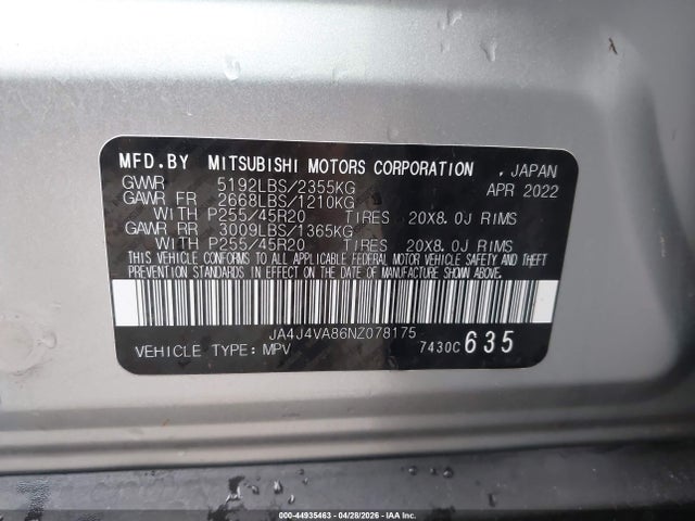 Aukcja sprzedaży 2022 Mitsubishi Outlander Sel 2.5 S-awc/sel Launch Edition S-awc/sel Special Edition S-awc, vin: JA4J4VA86NZ078175, numer aukcji: 44935463