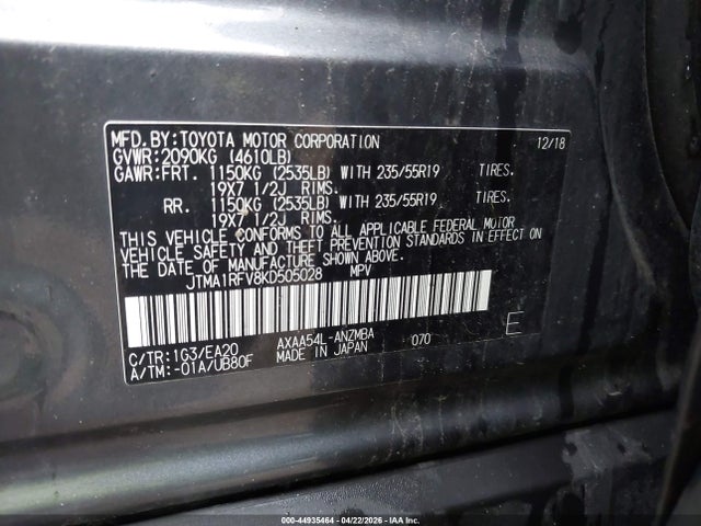 Aukcja sprzedaży 2019 Toyota Rav4 Xle Premium, vin: JTMA1RFV8KD505028, numer aukcji: 44935464