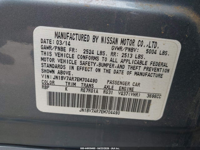 Продажа на аукционе авто 2014 Infiniti Q50 Sport, vin: JN1BV7AR7EM704490, номер лота: 44935465