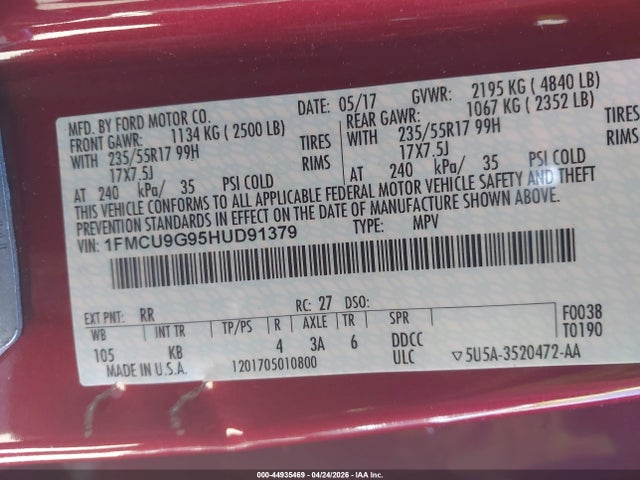 1FMCU9G95HUD91379 Ford ESCAPE SE