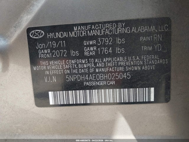 Aukcja sprzedaży 2011 Hyundai Elantra Gls, vin: 5NPDH4AE0BH025045, numer aukcji: 44935475