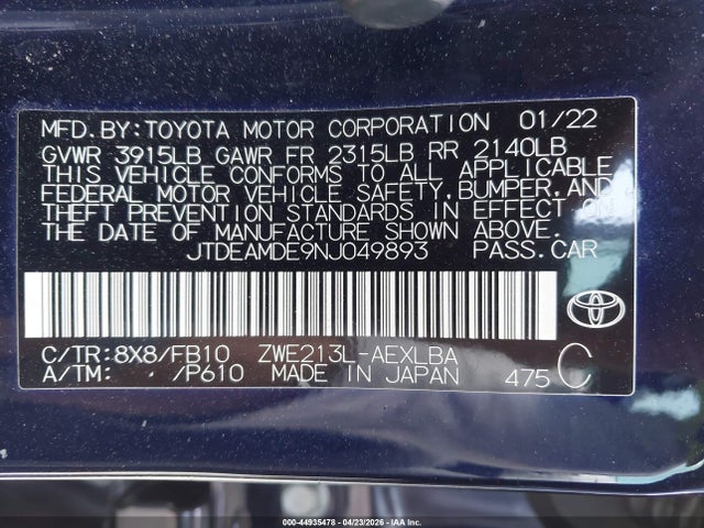 Aukcja sprzedaży 2022 Toyota Corolla Hybrid Le, vin: JTDEAMDE9NJ049893, numer aukcji: 44935478