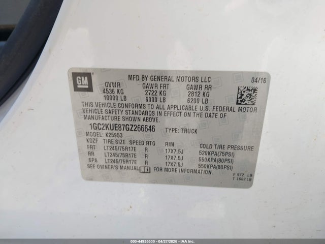 44935500 :رقم المزاد ، 1GC2KUE87GZ266646 vin ، 2016 Chevrolet Silverado 2500hd Wt مزاد بيع