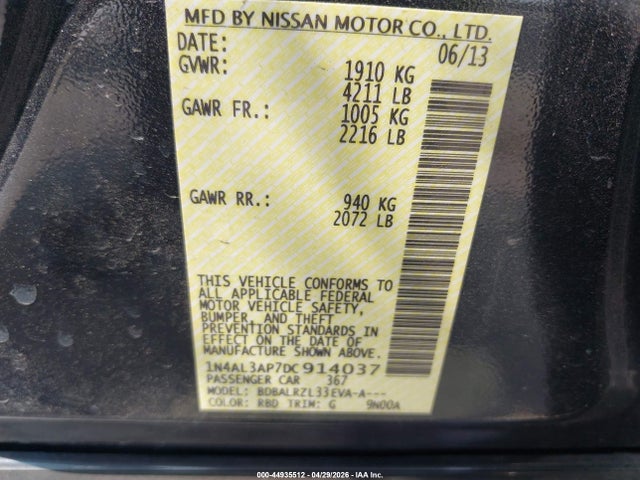 Aukcja sprzedaży 2013 Nissan Altima 2.5 S, vin: 1N4AL3AP7DC914037, numer aukcji: 44935512