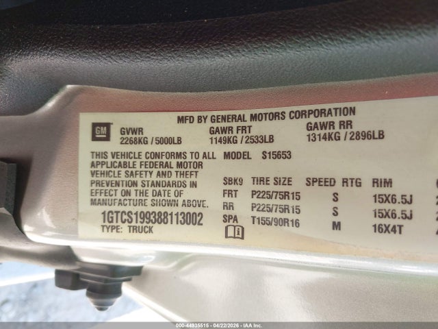 44935515 :رقم المزاد ، 1GTCS199388113002 vin ، 2008 Gmc Canyon Sle1 مزاد بيع