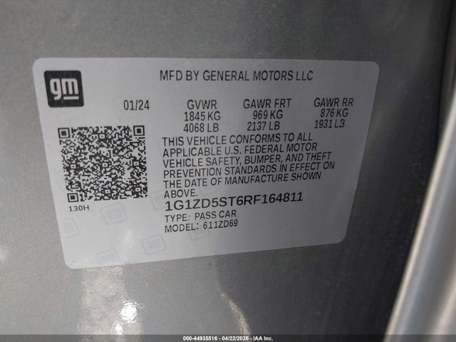 2024 Chevrolet Malibu Fwd 1lt მანქანა იყიდება აუქციონზე, vin: 1G1ZD5ST6RF164811, აუქციონის ნომერი: 44935516
