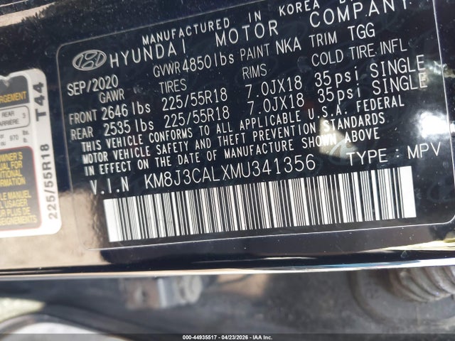 Aukcja sprzedaży 2021 Hyundai Tucson Sel, vin: KM8J3CALXMU341356, numer aukcji: 44935517