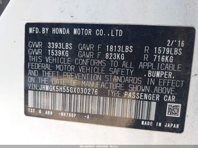 Продаж на аукціоні авто 2016 Honda Fit Lx, vin: JHMGK5H55GX030276, номер лоту: 44935518