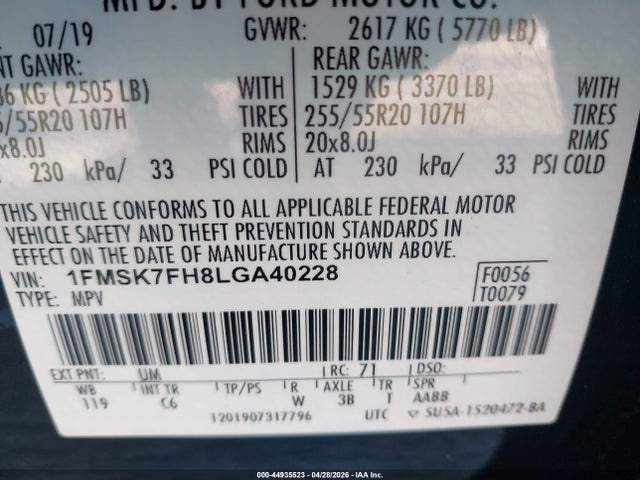 Aukcja sprzedaży 2020 Ford Explorer Limited, vin: 1FMSK7FH8LGA40228, numer aukcji: 44935523