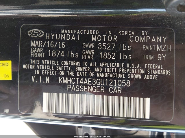 2016 Hyundai Accent Se მანქანა იყიდება აუქციონზე, vin: KMHCT4AE3GU121058, აუქციონის ნომერი: 44935536