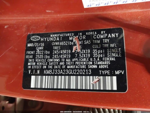 44935540 :رقم المزاد ، KM8J33A23GU220213 vin ، 2016 Hyundai Tucson Limited مزاد بيع