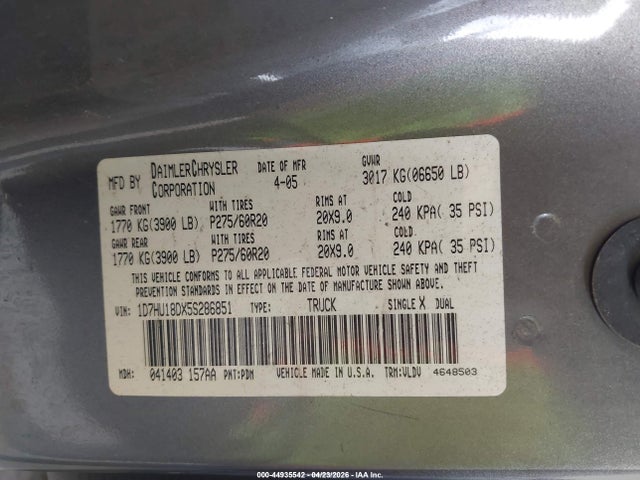 Продаж на аукціоні авто 2005 Dodge Ram 1500 Slt/laramie, vin: 1D7HU18DX5S286851, номер лоту: 44935542