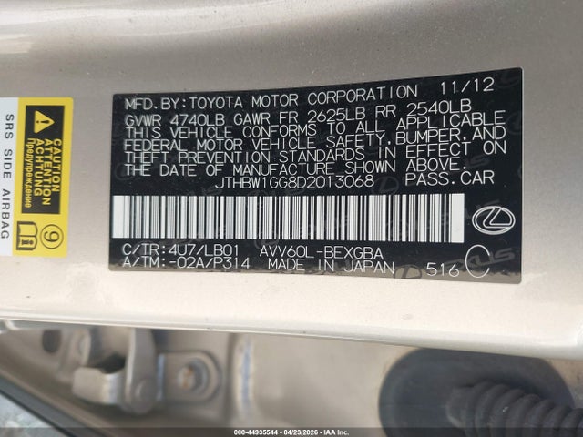 44935544 :رقم المزاد ، JTHBW1GG8D2013068 vin ، 2013 Lexus Es 300h مزاد بيع