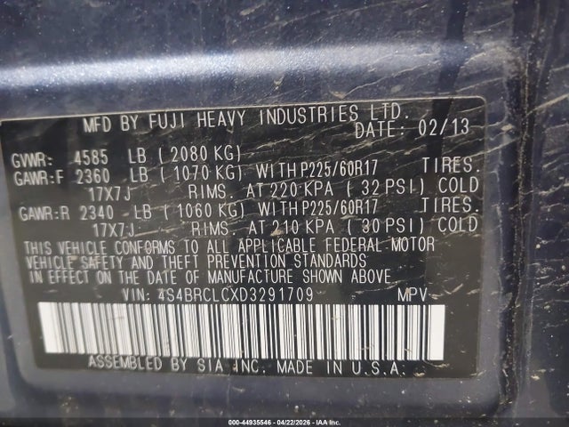 2013 Subaru Outback 2.5i Limited მანქანა იყიდება აუქციონზე, vin: 4S4BRCLCXD3291709, აუქციონის ნომერი: 44935546