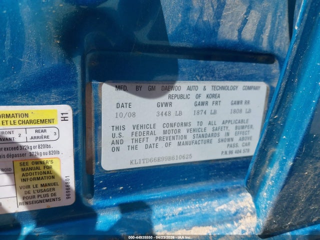 44935550 :رقم المزاد ، KL1TD66E99B610625 vin ، 2009 Chevrolet Aveo Lt مزاد بيع